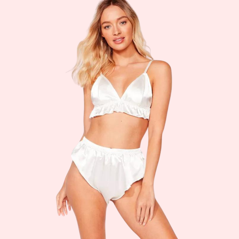 Snazzyway Fleur de Soie pure silk satin bra and matching panty set in elegant floral design, soft and luxurious fabric.