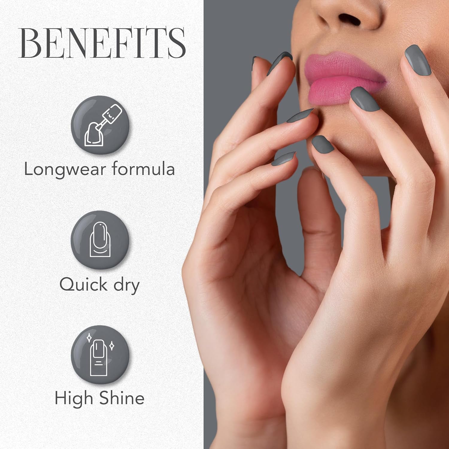Wukusy Og Beauty Calm Grey matte nail paint in 10ml bottle, showing the smooth, grey finish on the nail polish applicator