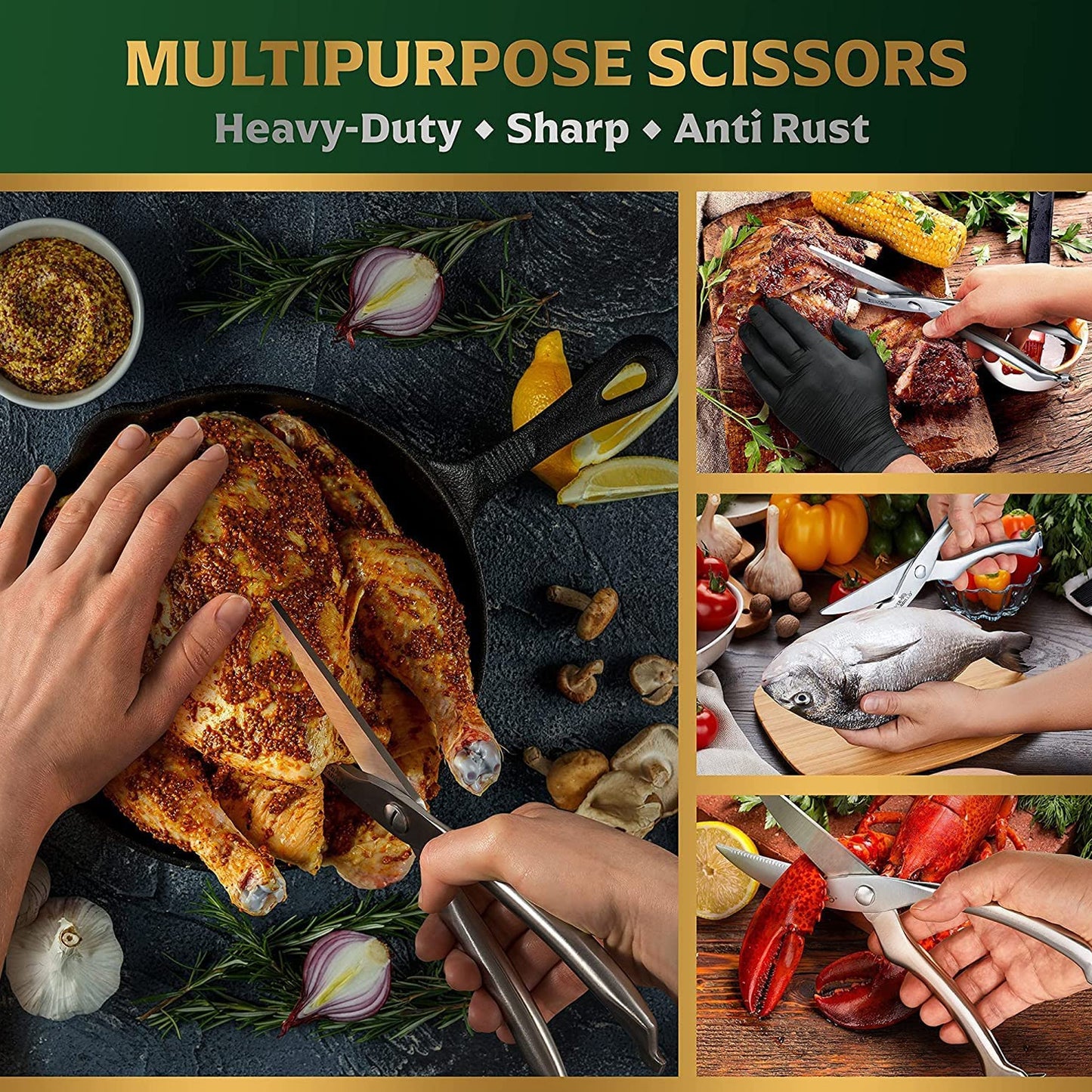 Wukusy heavy-duty stainless steel poultry shears with ultra-sharp blades and spring-loaded handle for kitchen use.