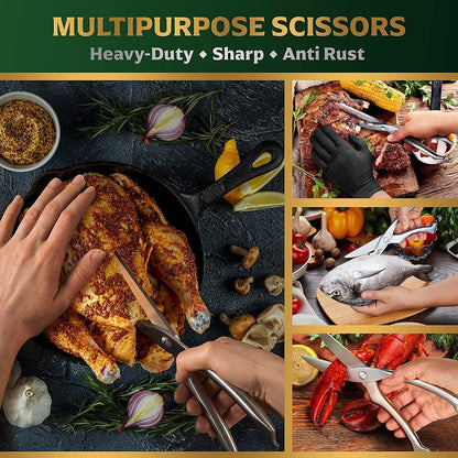 Wukusy heavy-duty stainless steel poultry shears with ultra-sharp blades and spring-loaded handle for kitchen use.