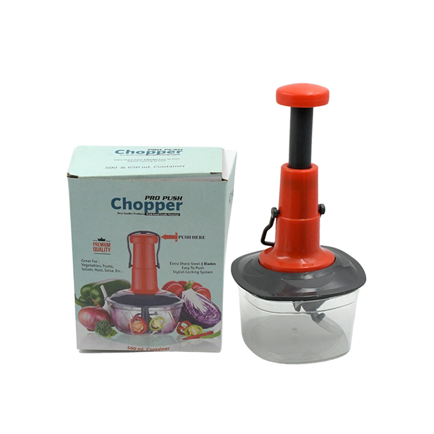 Wukusy 5790 manual fruit and vegetable chopper with 3 stainless steel blades, anti-slip base, and locking system in a kitchen setting