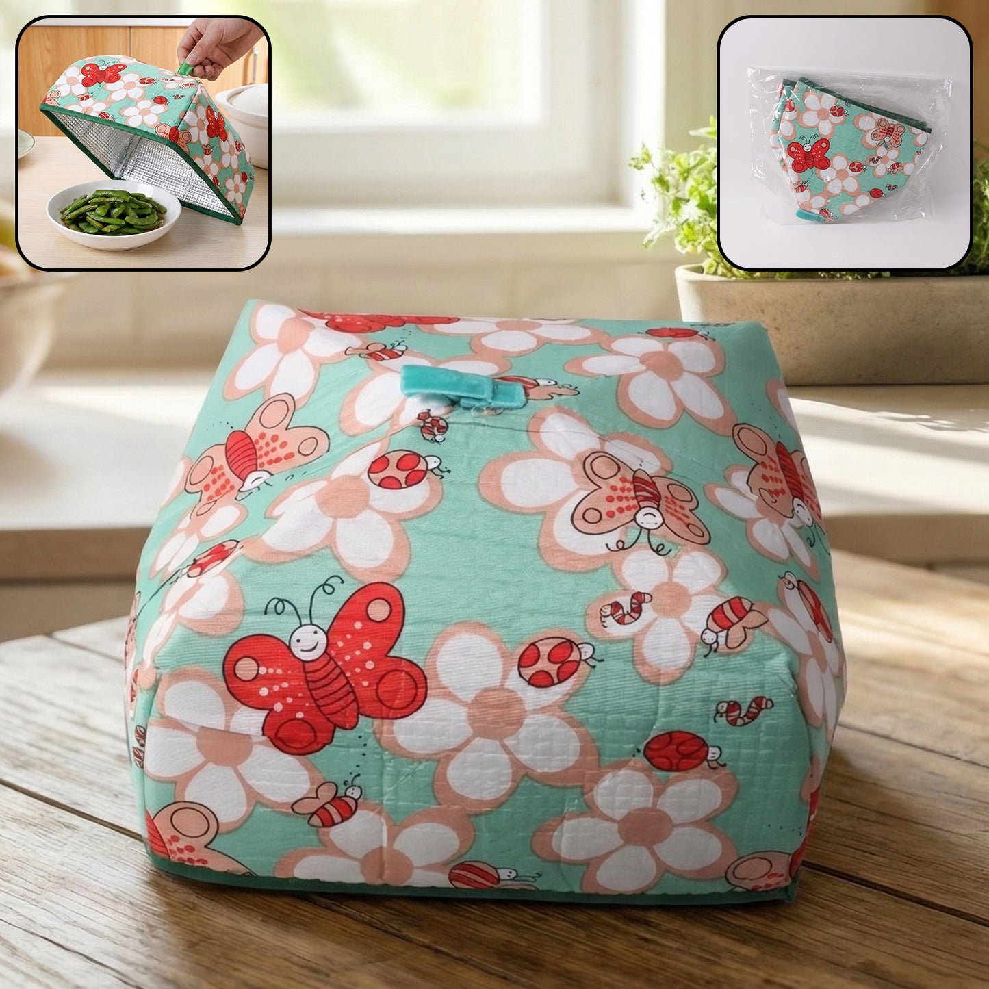 Wukusy foldable food cover measuring 20x20 cm, lightweight and transparent, protecting dishes from insects and dust.
