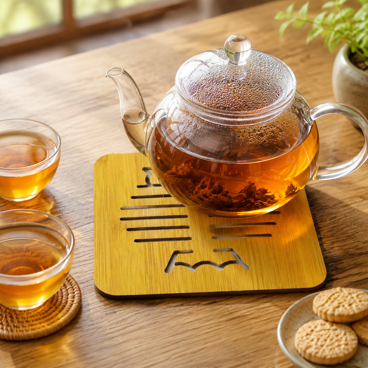 Square Wooden Trivet Mat With Cut Out Design For Hot Pots (1 Pc)