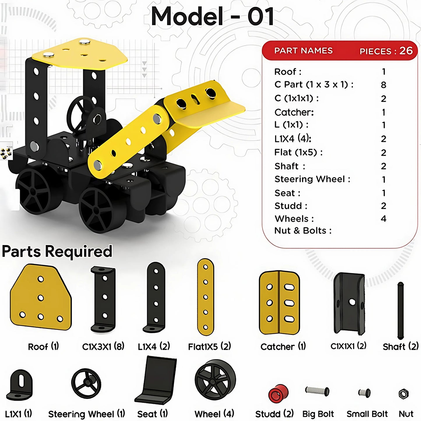 Wukusy Aditi Stem Mecha Racer DIY construction toy kit with colorful plastic parts and assembled racing mech on a white background.