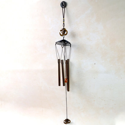 Metal wind chime with Om symbol, Wukusy brand, featuring hanging tubes and decorative Om design for outdoor or indoor use.