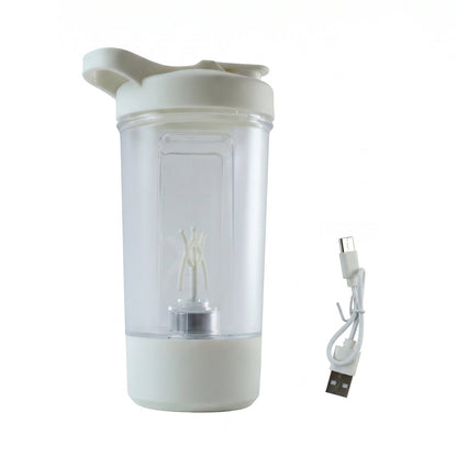 Wukusy 400ml USB rechargeable electric self-stirring protein shaker bottle with leak-proof lid and ergonomic design.