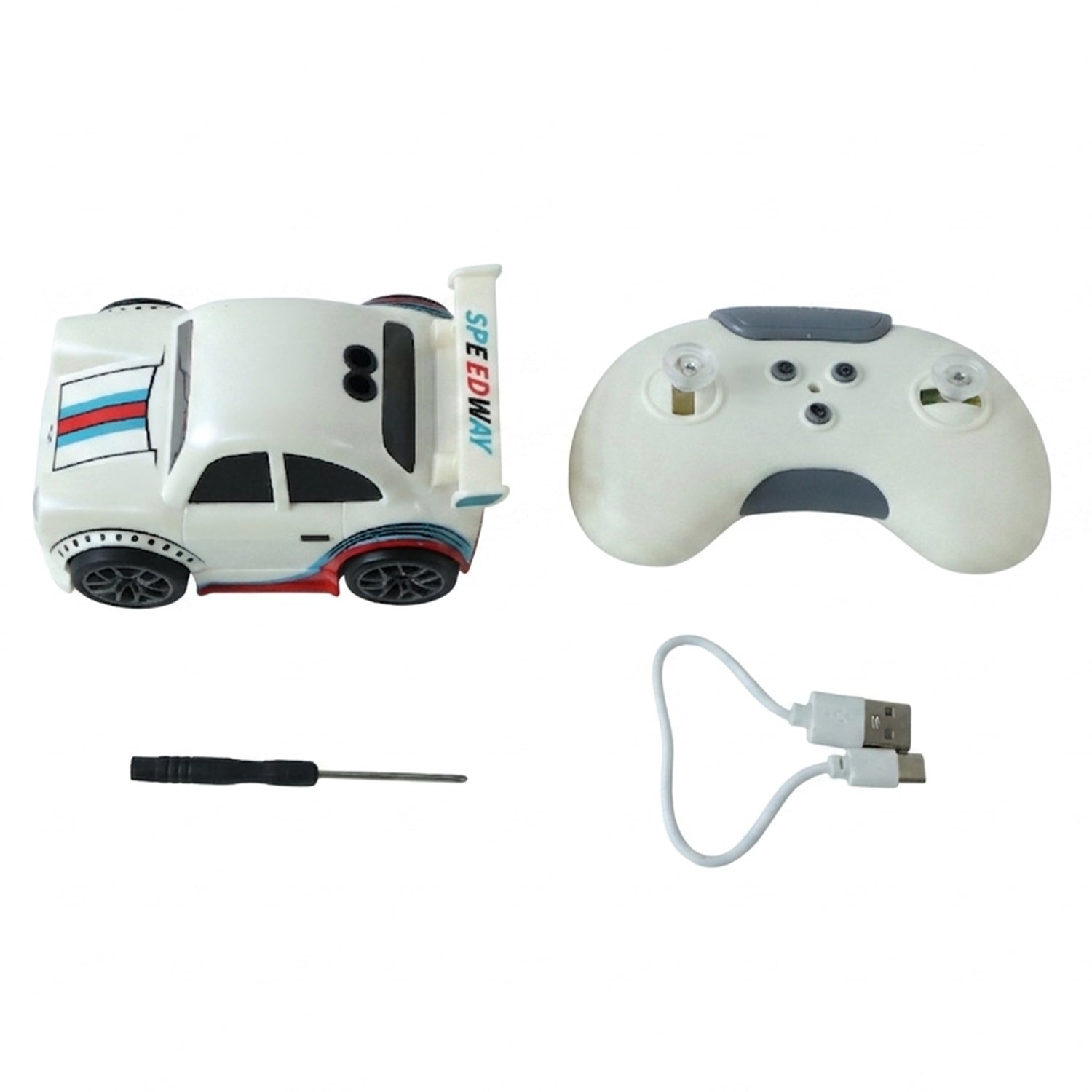 Wukusy mini RC racing car toy with remote control, rechargeable for kids, shown on a smooth surface in the image.