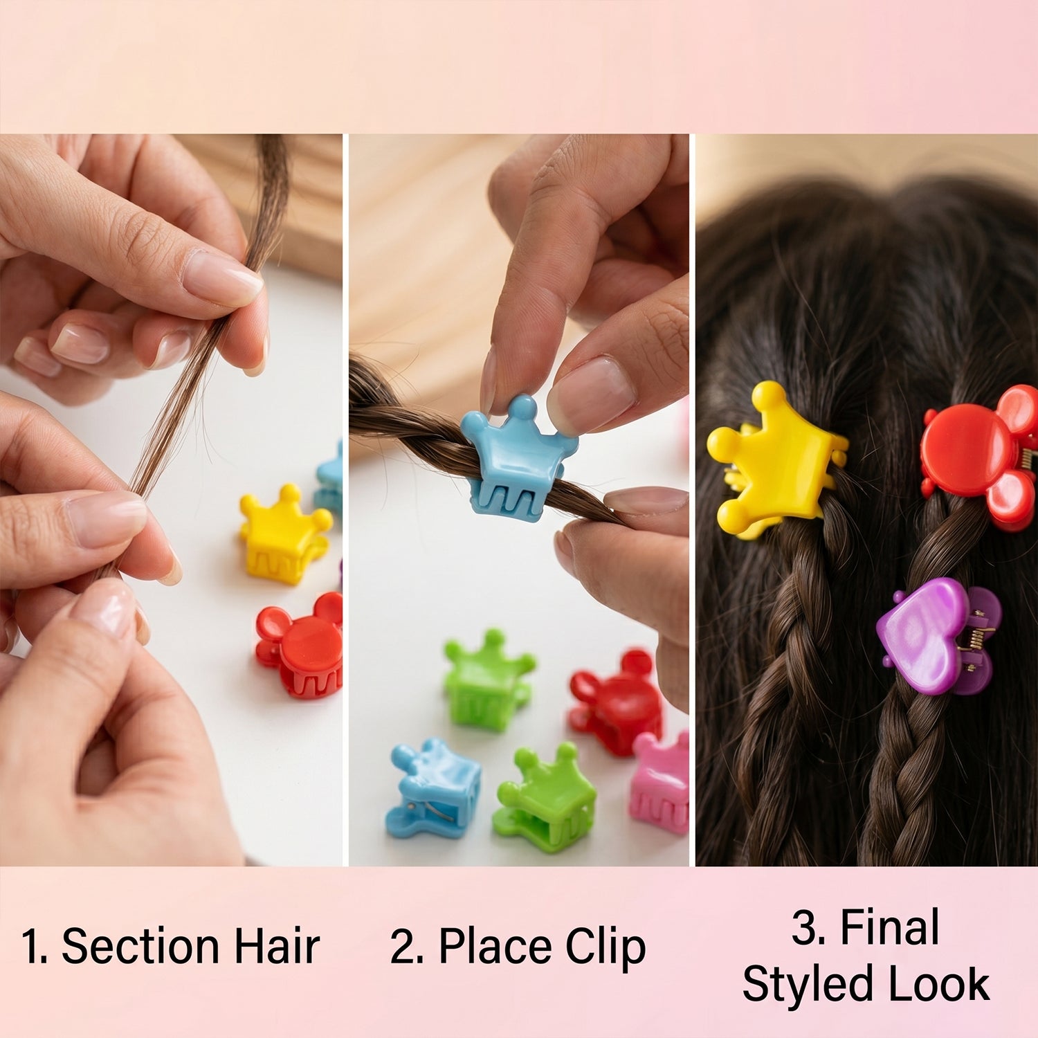 Colorful mini hair claw clips set by Wukusy showing small, vibrant hair accessories with multiple clips on a white background.