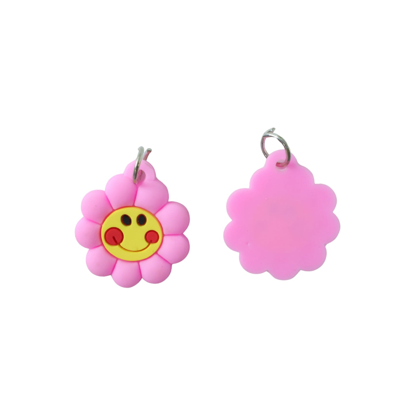 Set of 10 Wukusy smiley flower-shaped bag charm keychains with colorful, cheerful designs on a white background