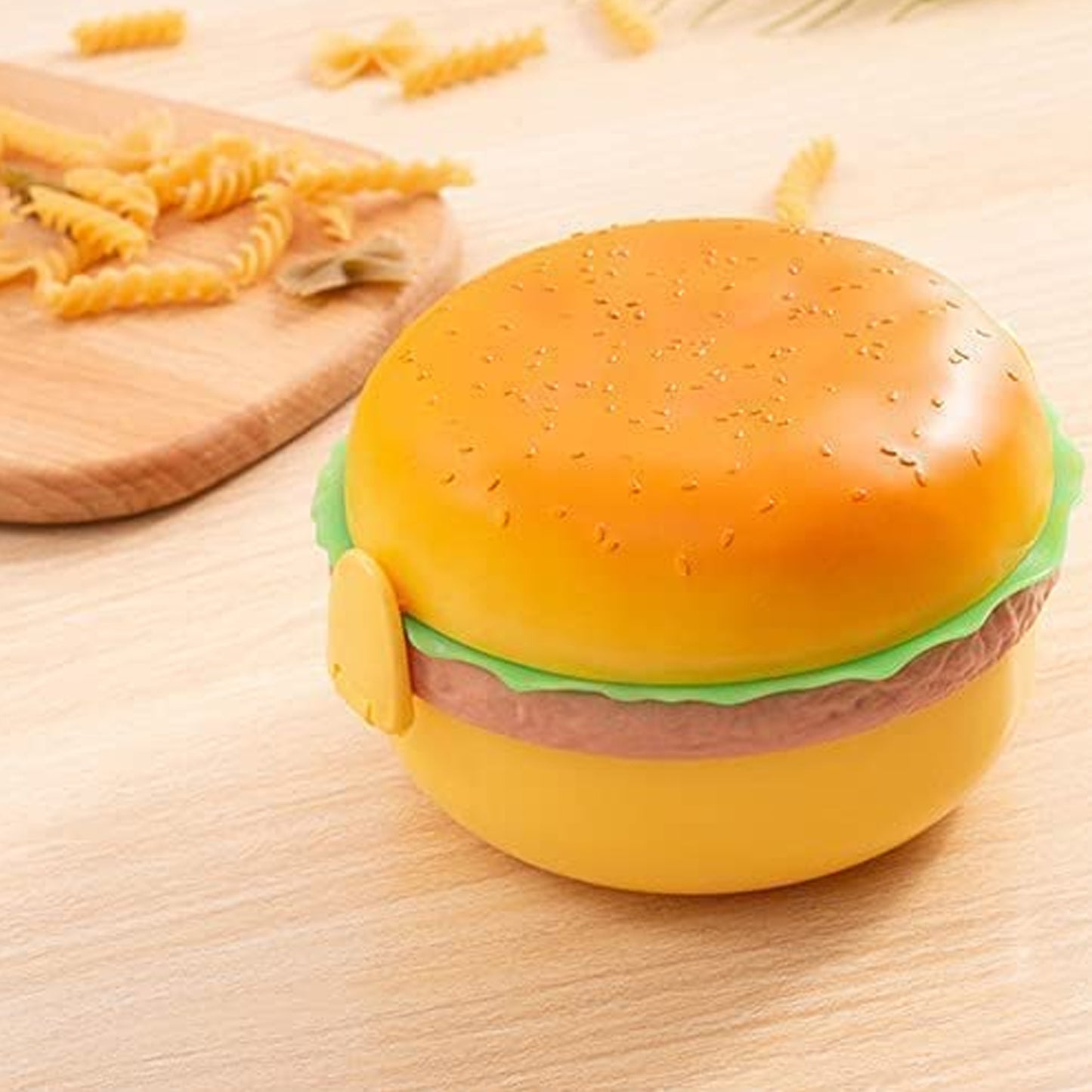 Wukusy burger shape plastic lunch box with double layers, 1000ml capacity, includes 2 spoons, suitable for kids and students.
