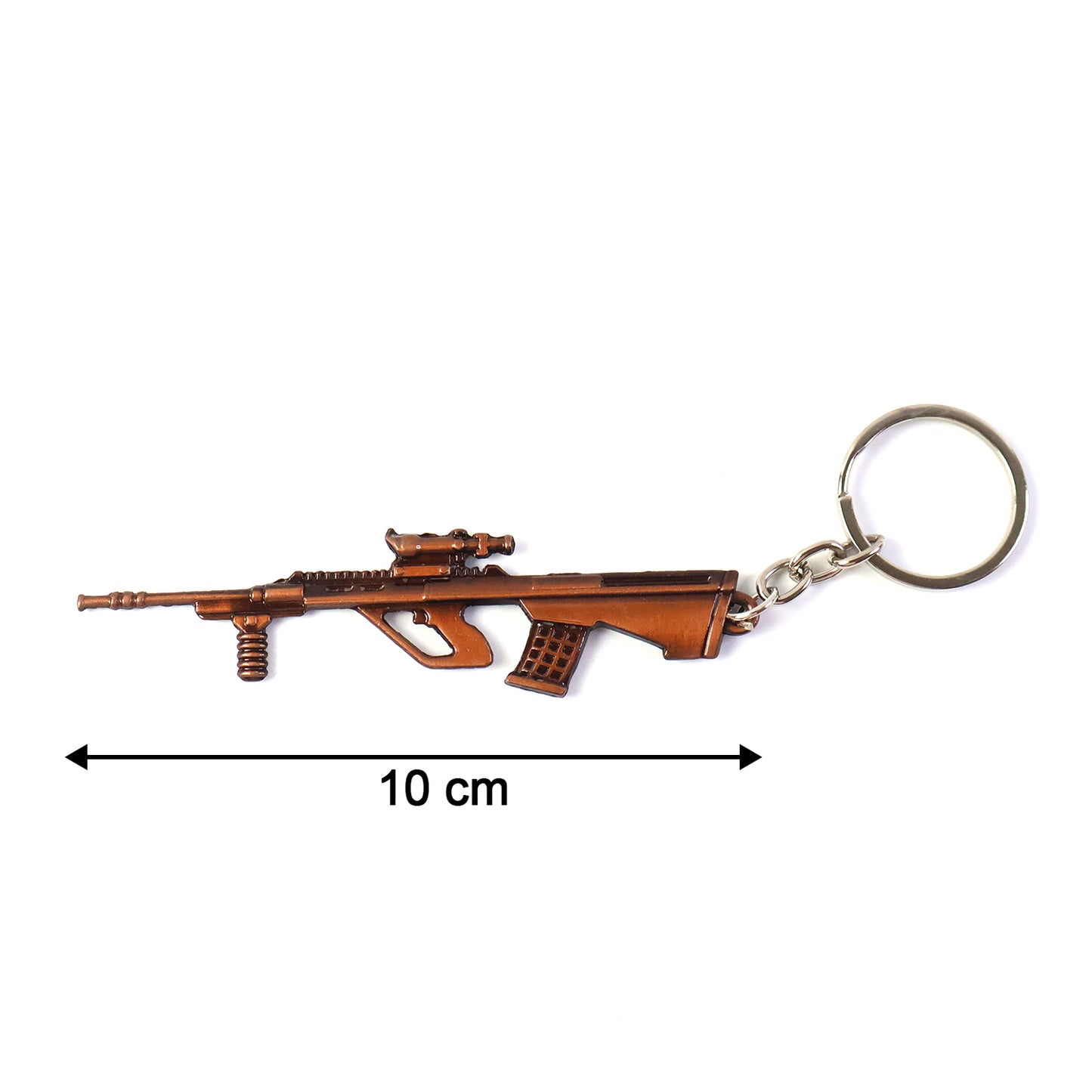Wukusy metal gun-shaped keychain with detailed design, attached to a set of keys on a keyring.