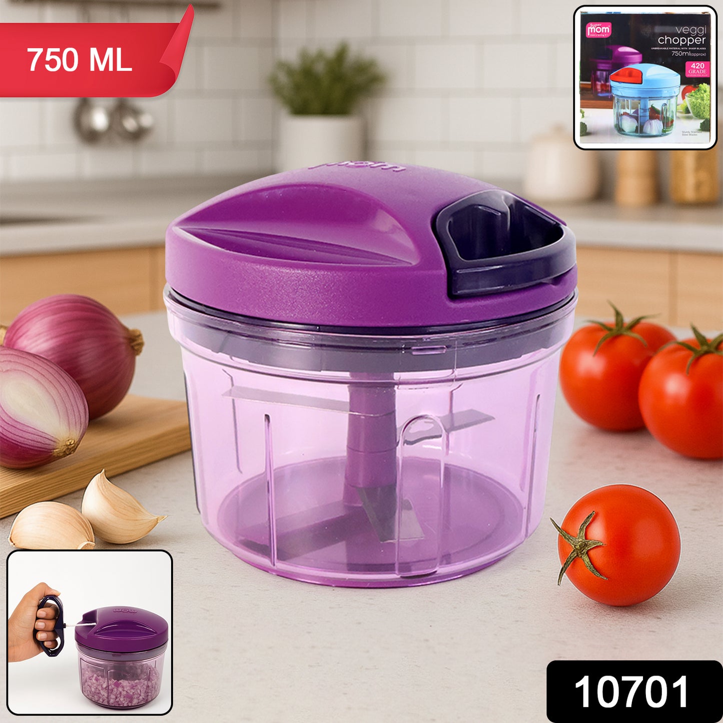 Wukusy Supermom Handy Vegetable Chopper 750ml in white and green, with blades for quick vegetable chopping, kitchen tool.