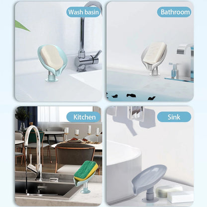 Wukusy leaf-shaped self-draining soap holder with drainage holes, suitable for bathroom or kitchen soap dishes.