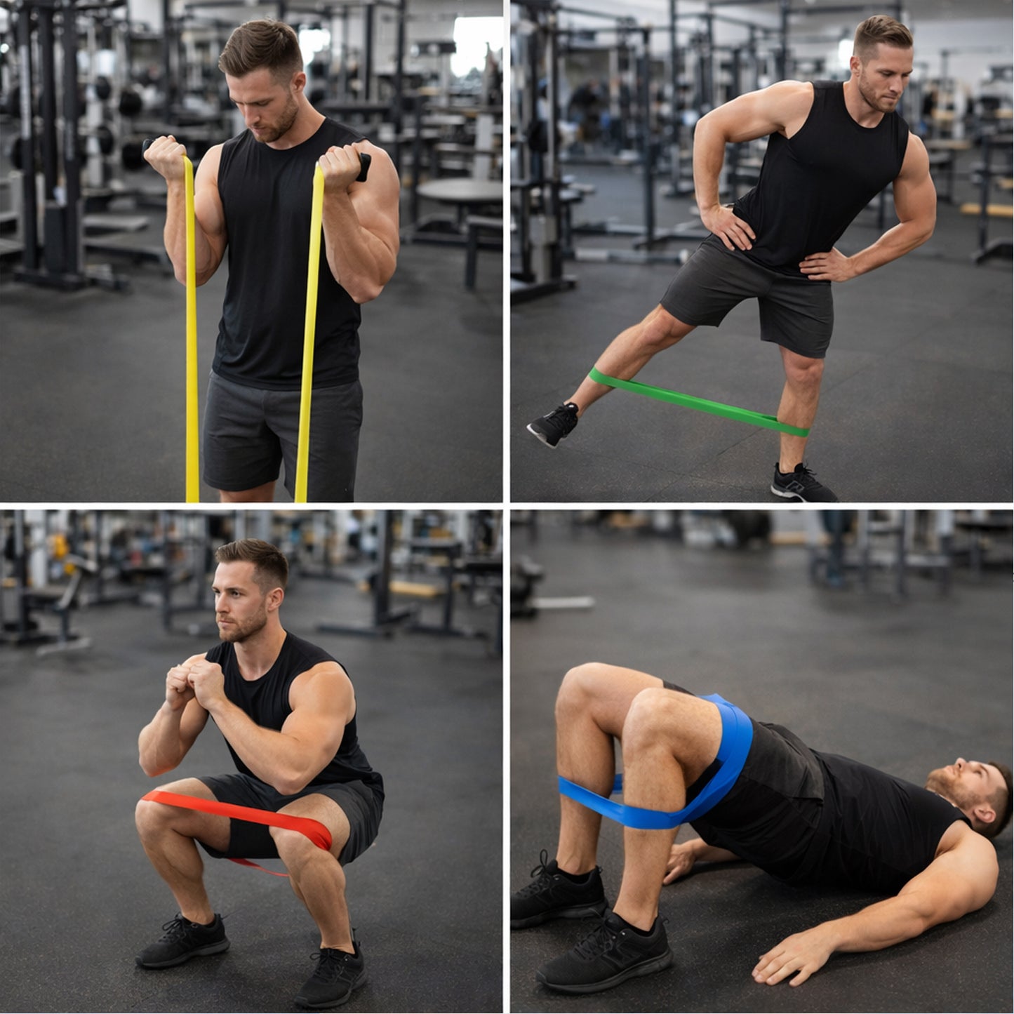 Set of five Wukusy premium elastic resistance exercise bands with belts for strength training and physical therapy workouts.