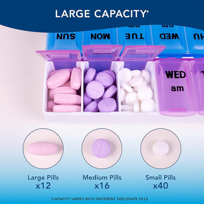 Wukusy weekly medicine pill organizer with seven compartments for daily medication storage, made of durable plastic.