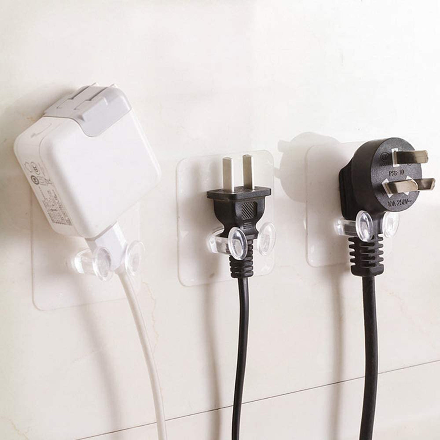 Set of five Wukusy adhesive plastic wall hooks with strong hold, self-stick hangers for convenient wall mounting and organization.