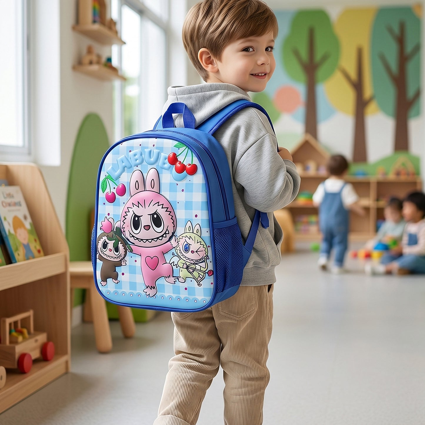 Colorful cartoon printed kids school backpack by Wukusy, 12-inch size with adjustable straps and spacious main compartment.