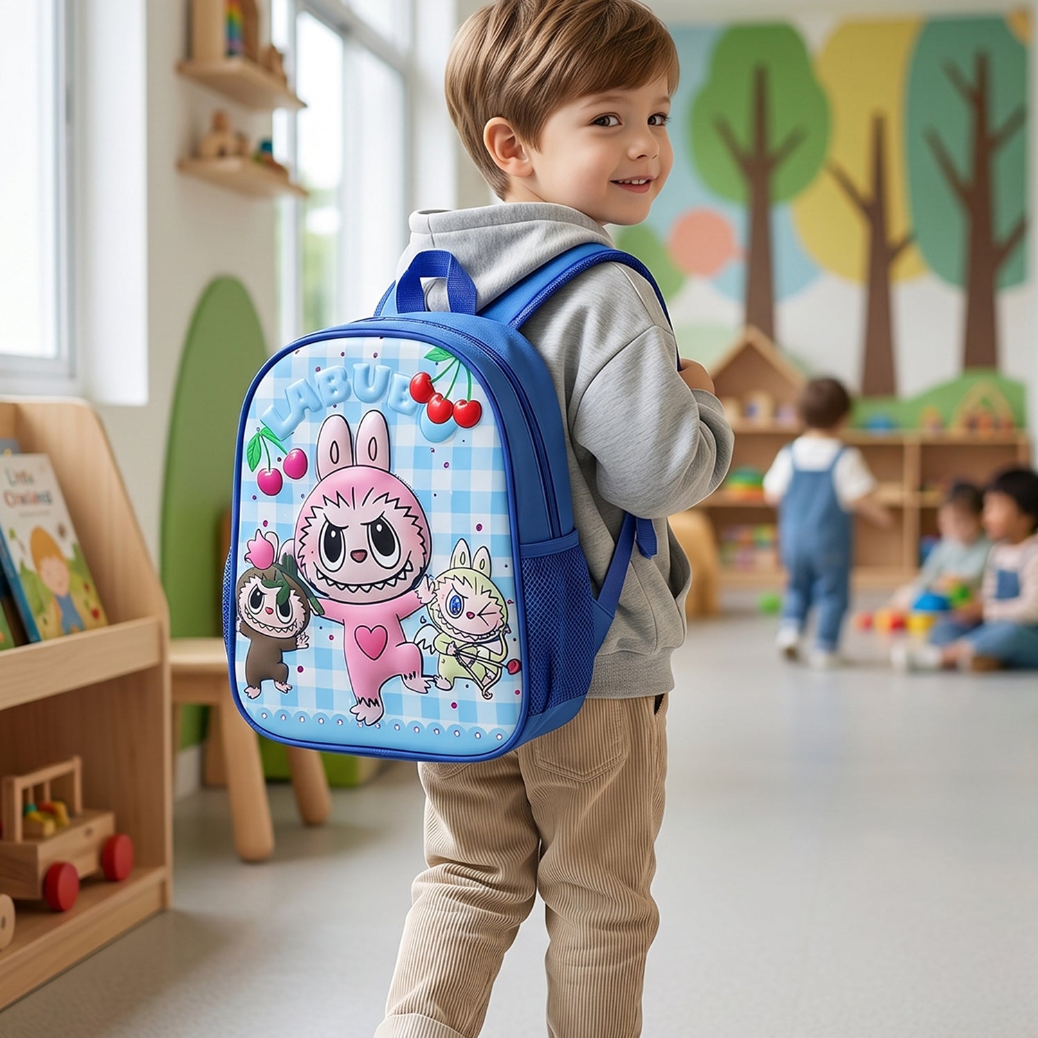 Colorful cartoon printed kids school backpack by Wukusy, 12-inch size with adjustable straps and spacious main compartment.