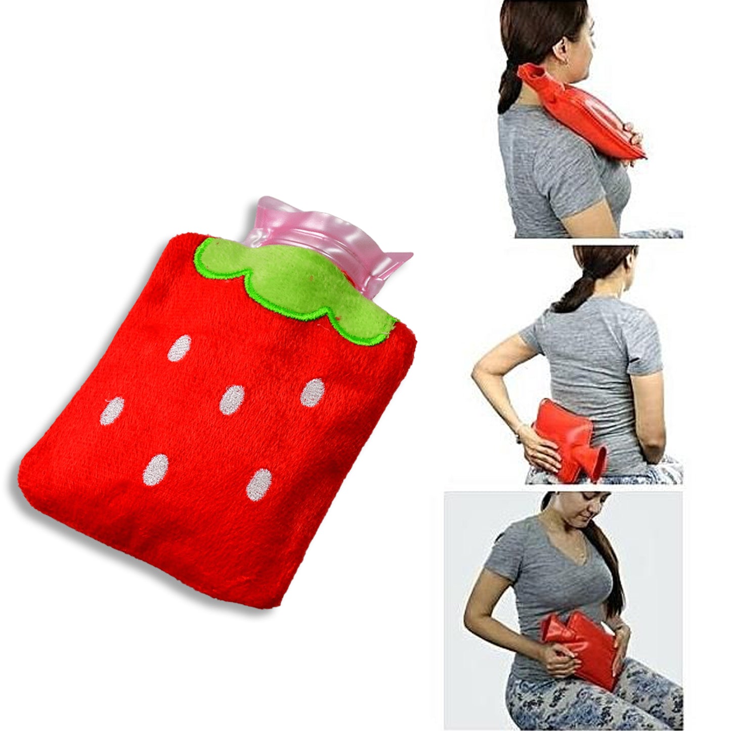 Wukusy 6516 strawberry-shaped hot water bag with cover for pain relief, neck, shoulder, hand, feet warmer, menstrual cramps.