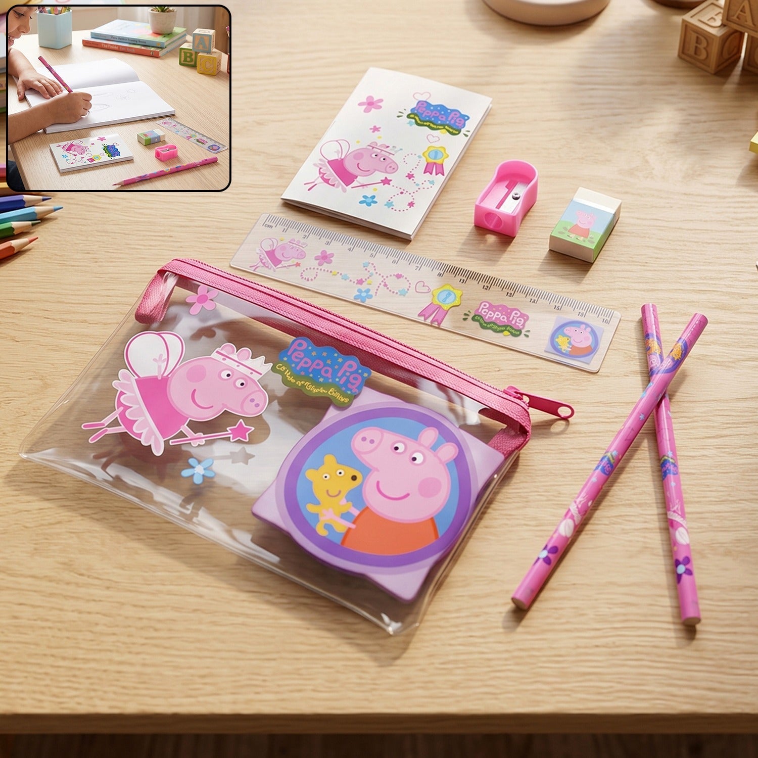 Wukusy kids school stationery kit with pencils, eraser, sharpener, ruler, and pouch, ideal for young students.