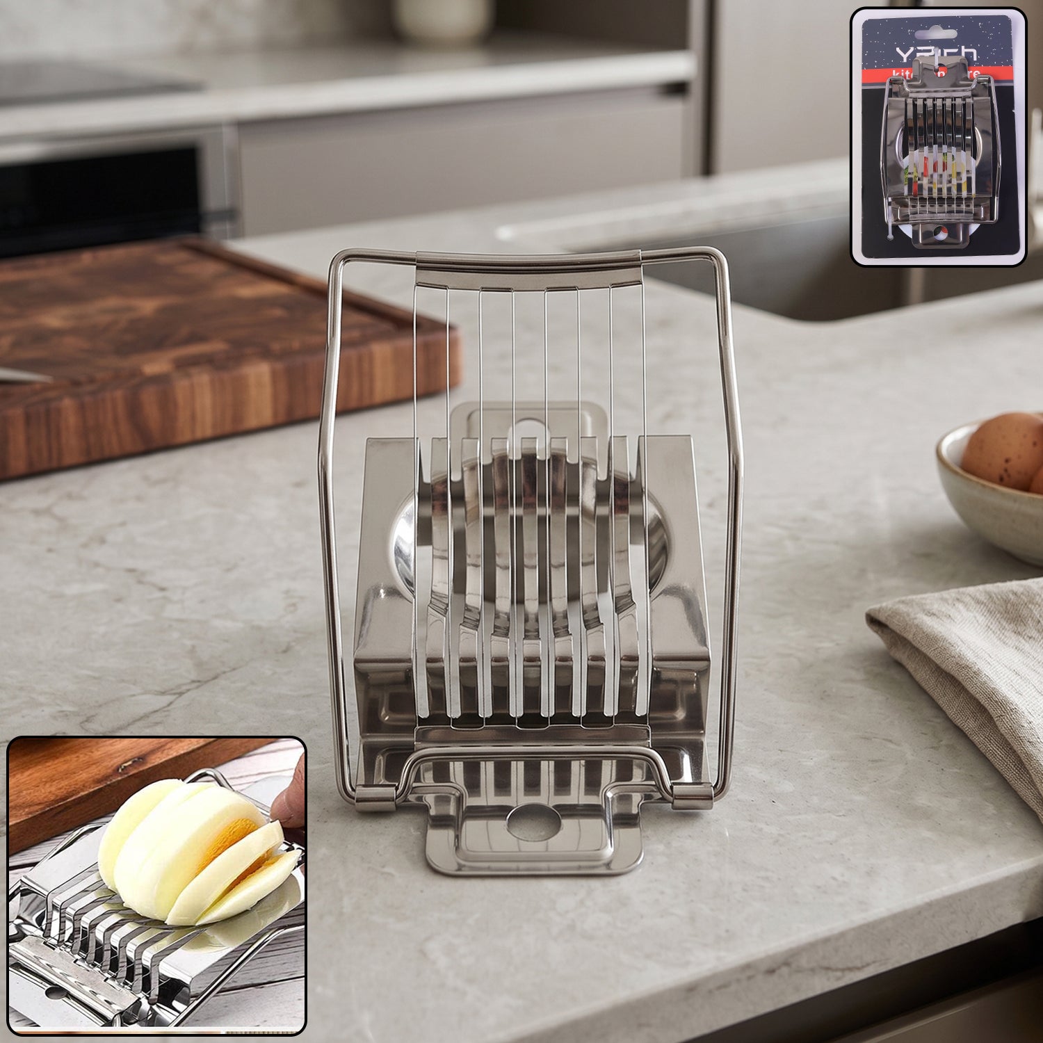 Wukusy stainless steel egg slicer cutter for boiled eggs, compact kitchen tool with multiple slicing options for even egg slices