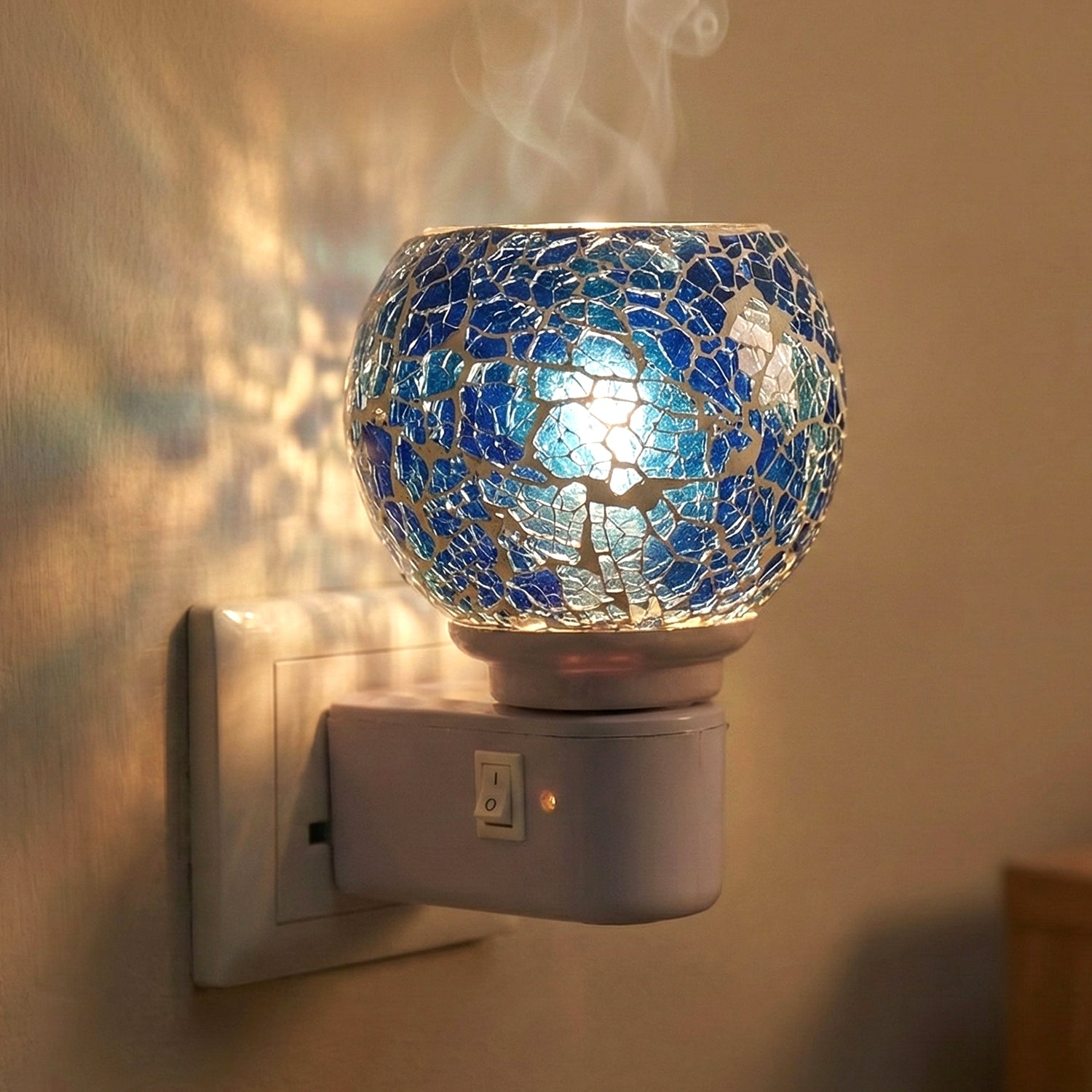 Wukusy Kapoor Dani mosaic glass electric night lamp with colorful mosaic design, providing soft ambient lighting.