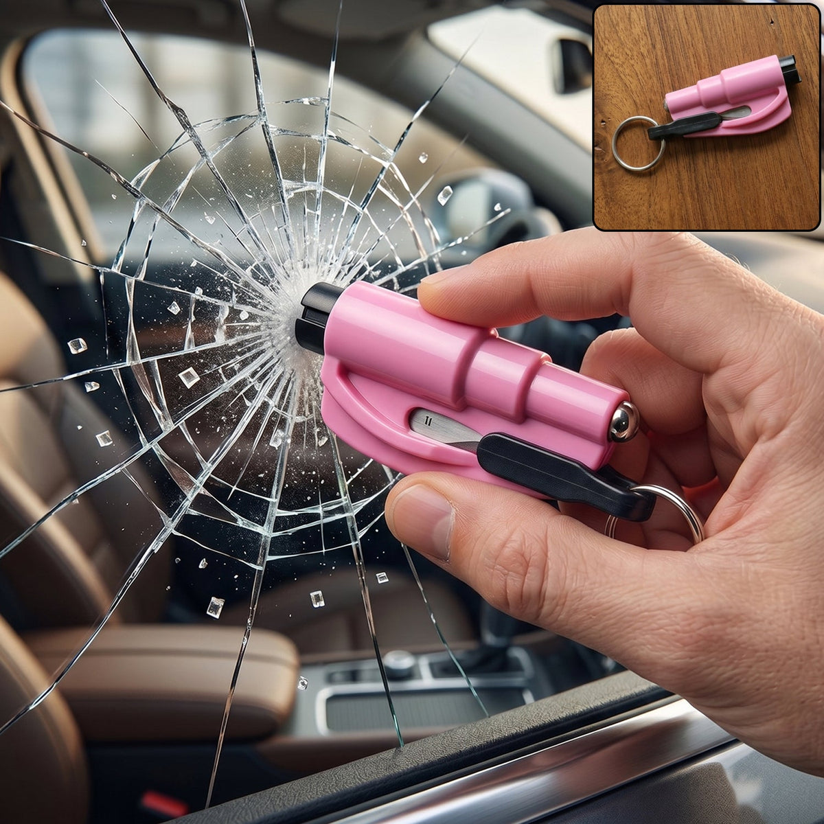 Wukusy keychain car window glass breaker and seat belt cutter tool with metal and plastic components on a keyring.