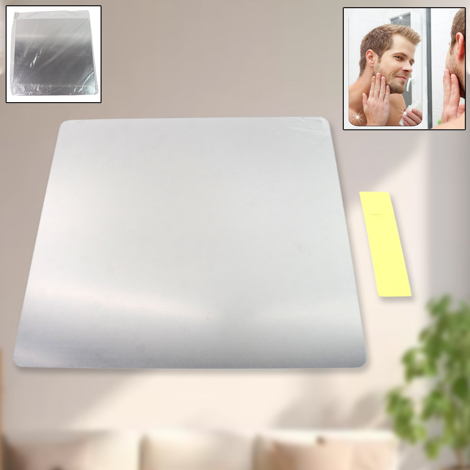 Wukusy plastic square 3D mirror wall sticker, 30x30 cm, for home improvement, shown on a wall as a decorative reflective accent.