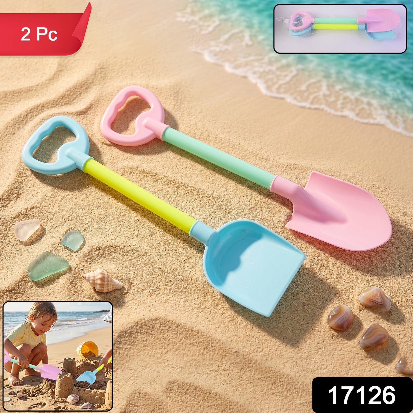 Wukusy kids beach sand shovel toy set with two plastic digging tools for children’s sand play on the beach.