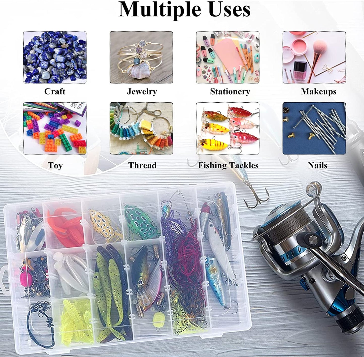 Wukusy 7673a clear plastic jewelry organizer box with 36 grids and adjustable dividers for storage and organization.