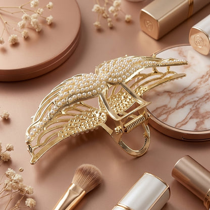 Wukusy premium pearl studded elegant hair claw clip for women, showcasing a sleek design with pearl accents in a close-up shot.