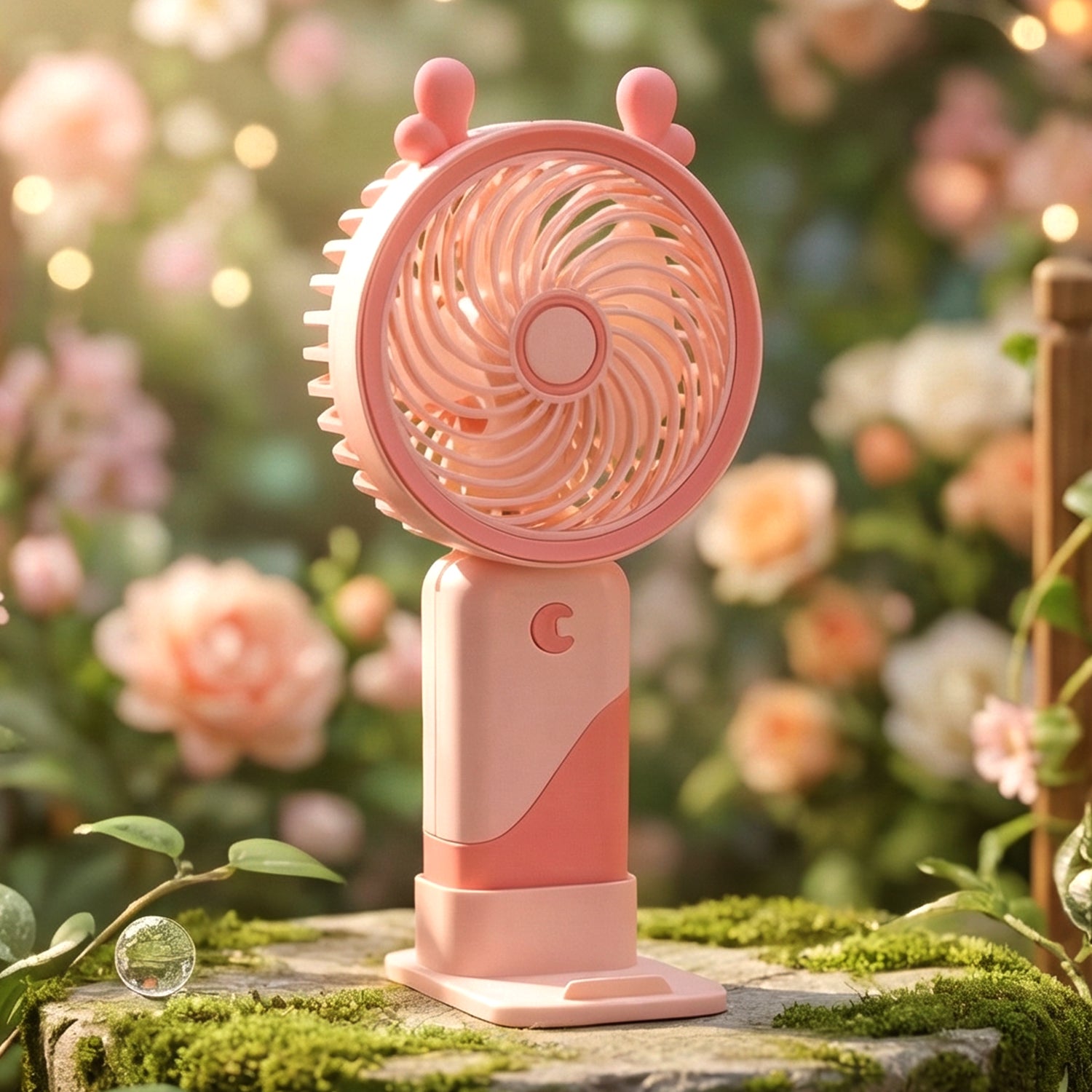 Wukusy portable USB rechargeable mini fan with LED light, compact handheld fan with adjustable settings and built-in light.