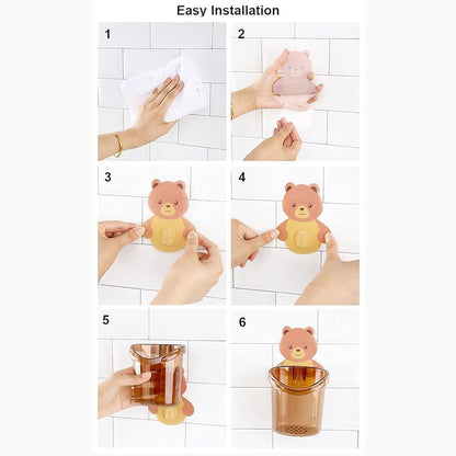 Wukusy cute teddy bear toothbrush holder set for kids, featuring three colorful bear-themed holders for bathroom organization.