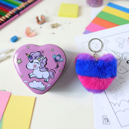 Two Wukusy heart-shaped plush keychains in a gift box, featuring soft, colorful fabric and cute design details.