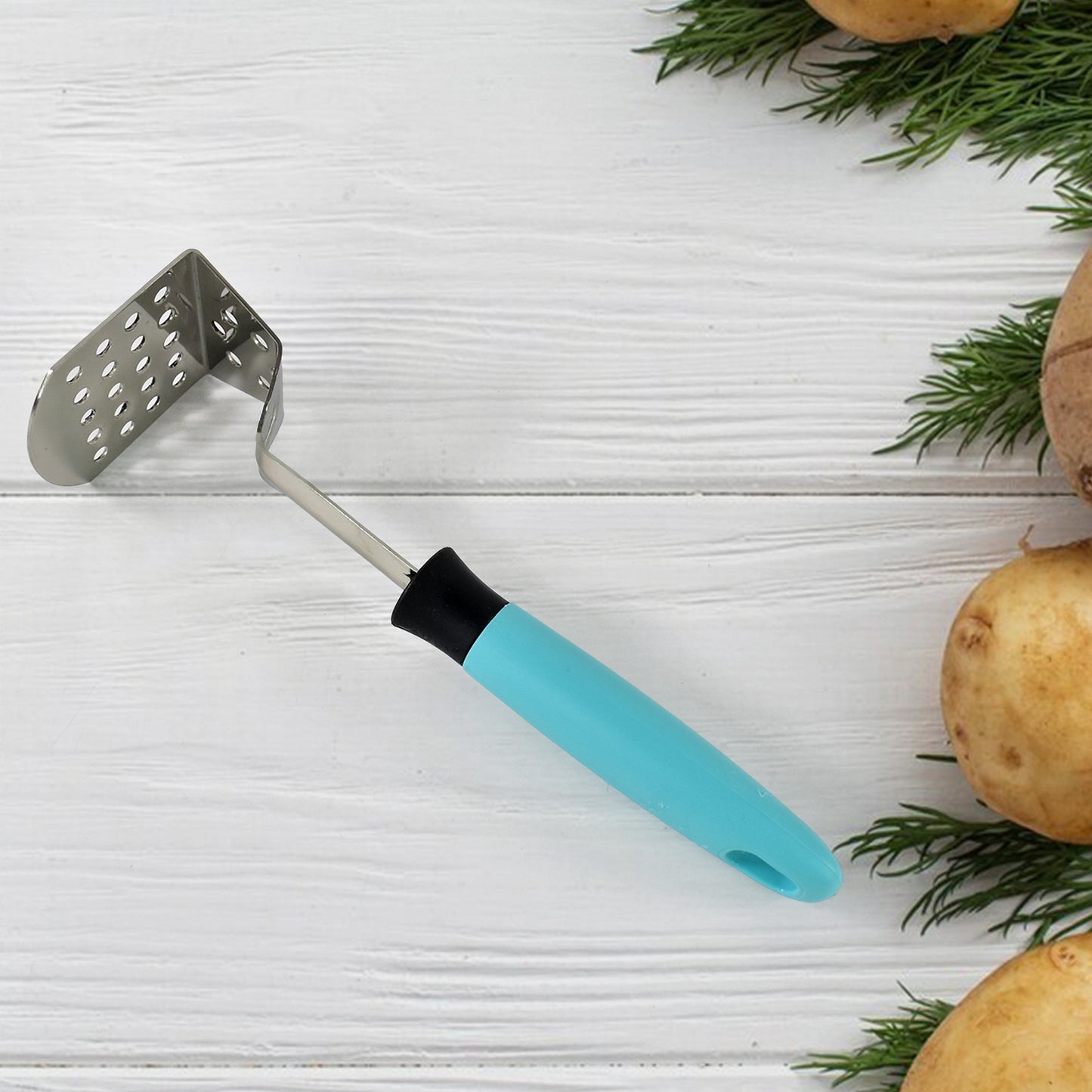 Wukusy Apex L-handle stainless steel potato masher with ergonomic grip for efficient mashing in home and kitchen use