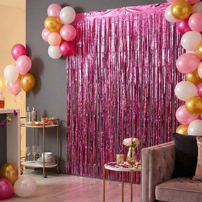 Wukusy decorative foil fringe curtain for birthday party decoration with shiny gold and silver strands hanging in a festive display