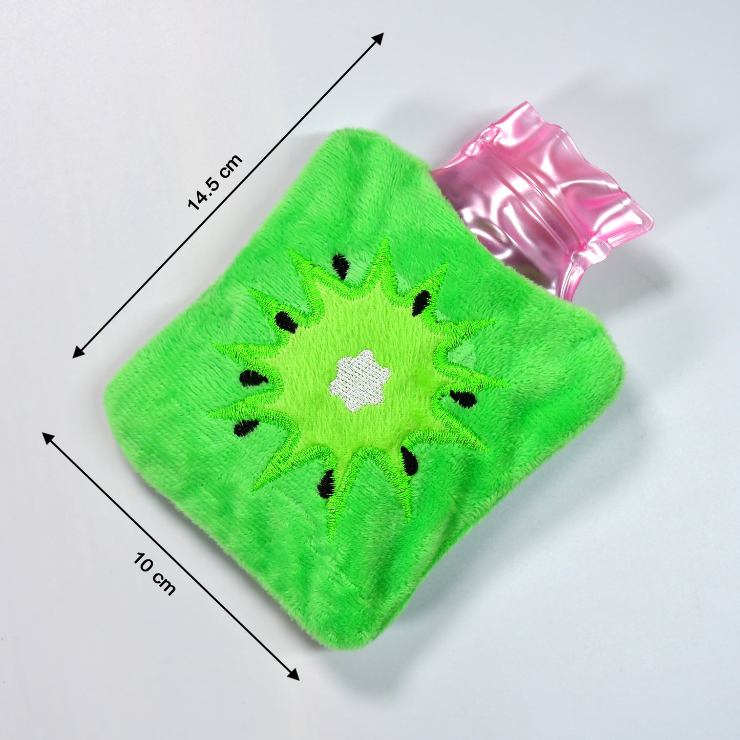 Green Sun small hot water bag with cover by Wukusy, used for pain relief, neck, shoulder, hand, feet warmth, and menstrual cramps.