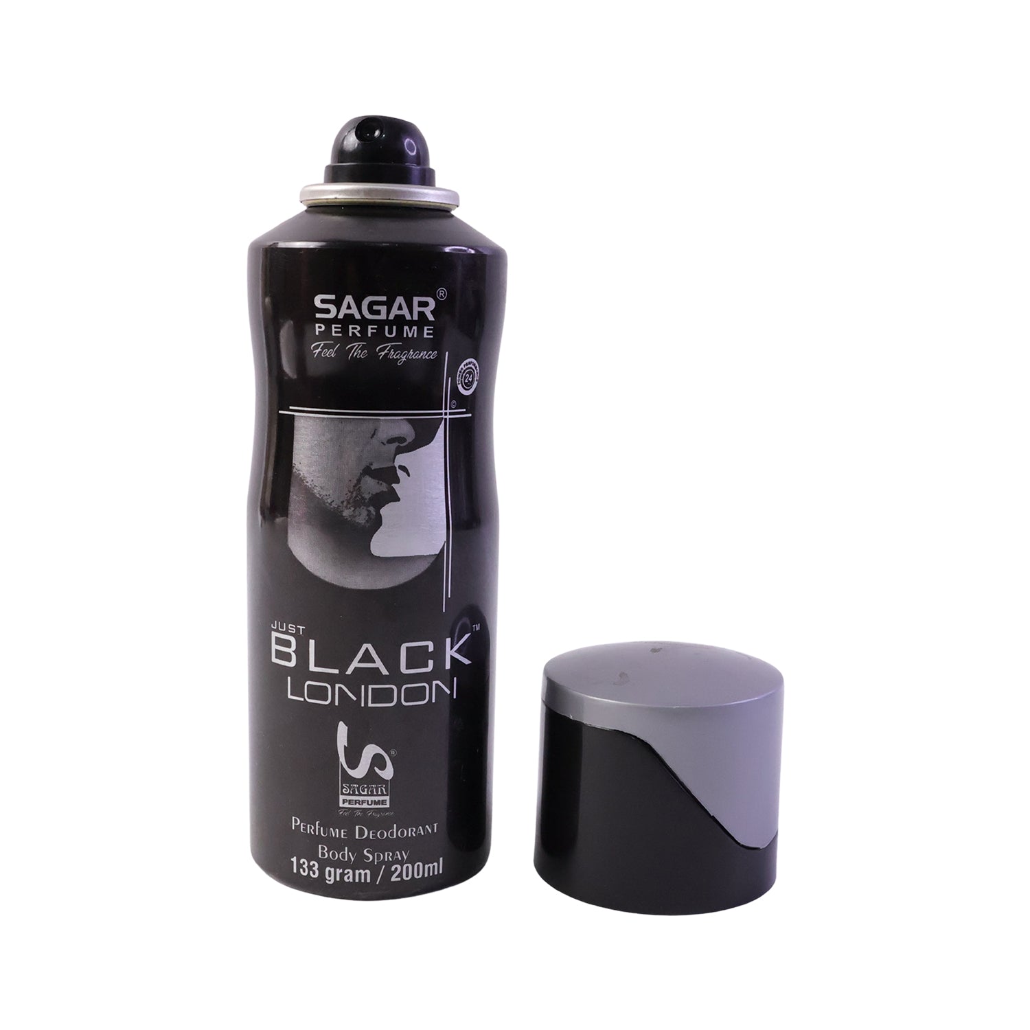 Wukusy Sagar Just Black London men's perfume body spray deodorant, 200ml bottle with sleek black design.
