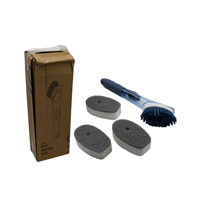Wukusy 1271c color dish scrubber with soap dispenser, kitchen dish brush set, including handle and refill heads for cleaning dishes.