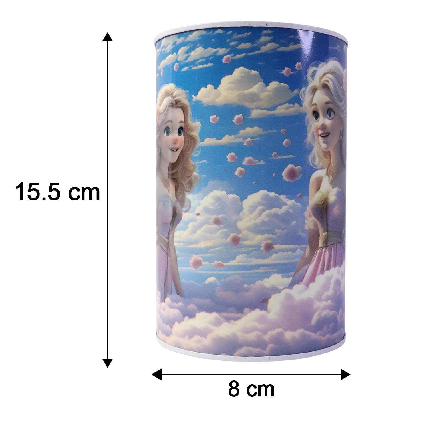 Cute princess design metal coin saving box by Wukusy, featuring cartoon prints, perfect for kids to store coins and savings.