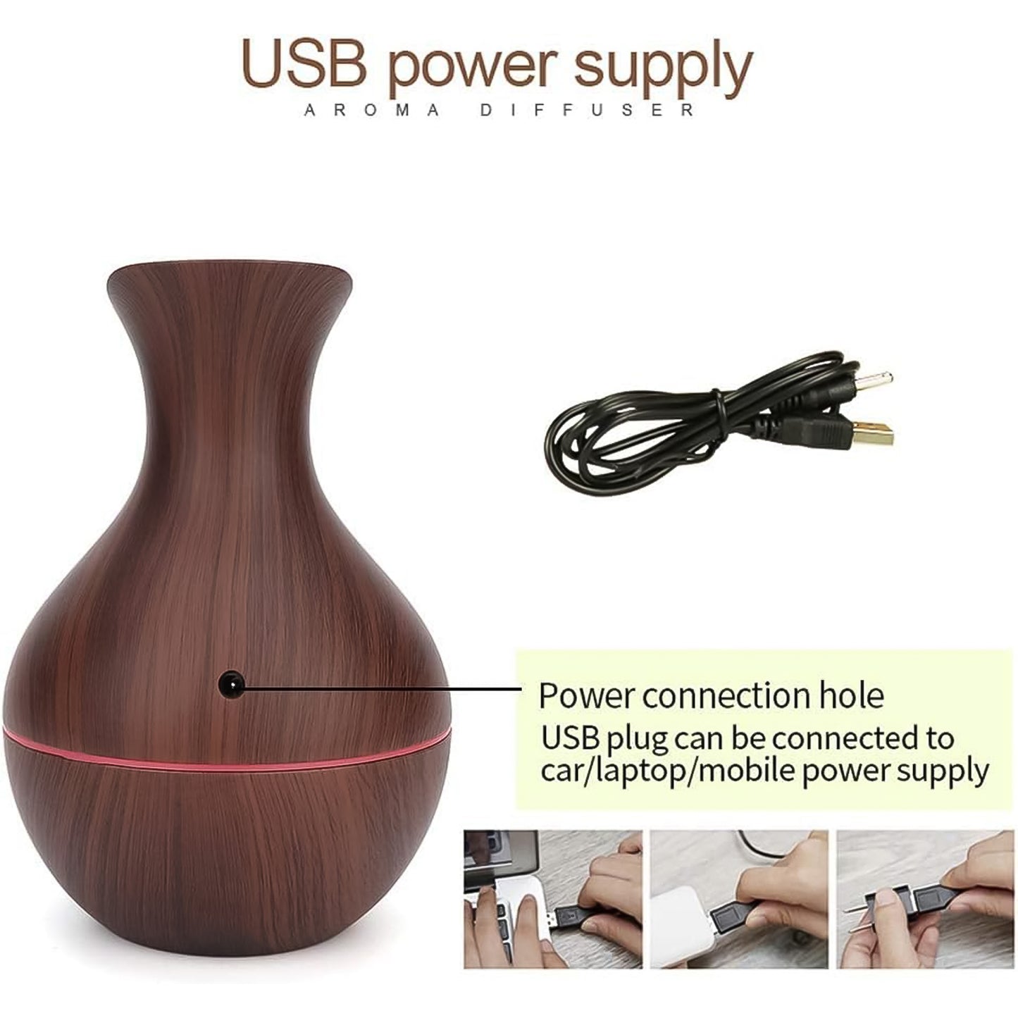 Wukusy mini wooden vase-shaped diffuser humidifier with cool mist atomization, designed for office use, 130ml capacity.
