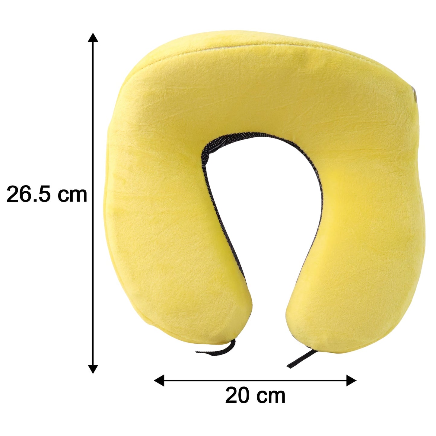Yellow plush U-shaped travel neck pillow with drawstring, soft and comfortable for neck support during travel.