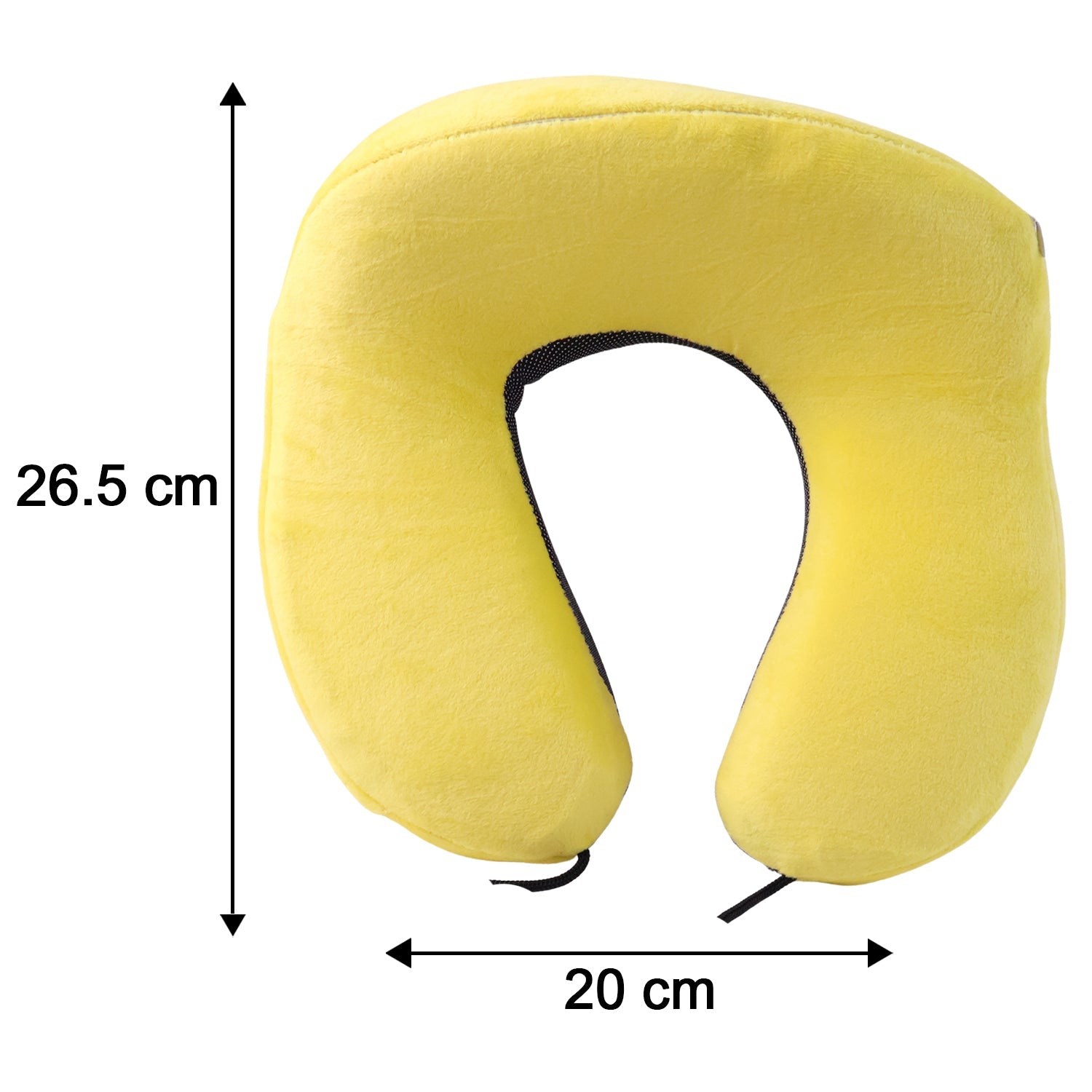 Yellow plush U-shaped travel neck pillow with drawstring, soft and comfortable for neck support during travel.