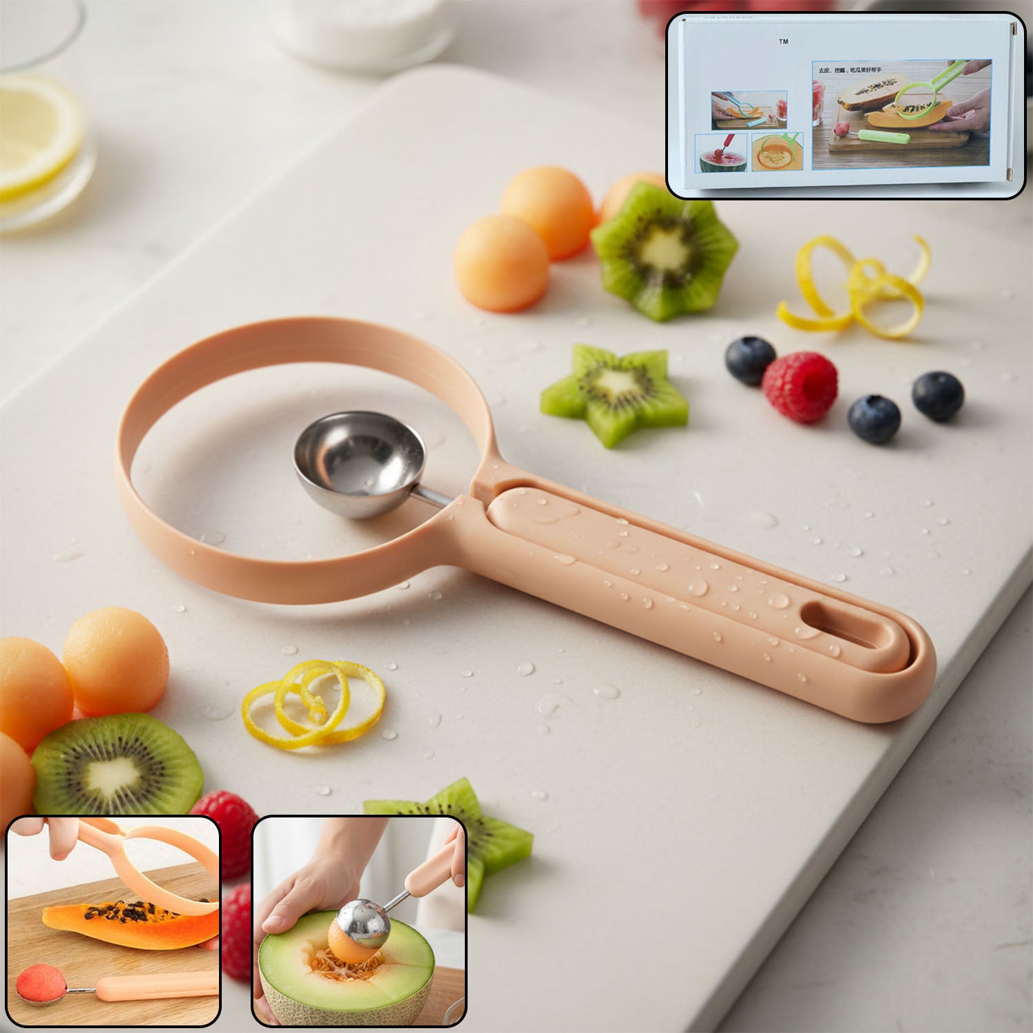 Wukusy 2-in-1 fruit scooper and cutter tool showing stainless steel scooping end and ergonomic handle for easy fruit preparation