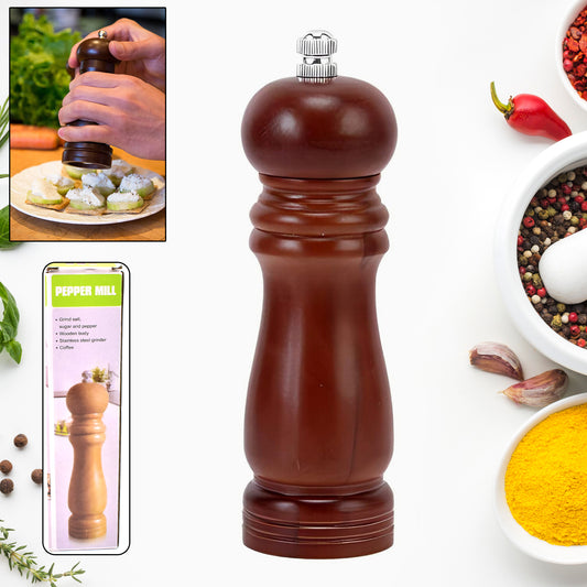 Wukusy 8-inch wooden pepper mill with a classic design, perfect for grinding fresh pepper in home and kitchen use.