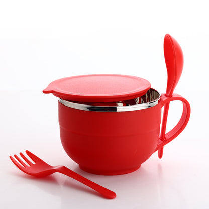 Wukusy 8130 stainless steel noodle soup bowl with handle spoon and fork, including spoon holder, ideal for home kitchen use