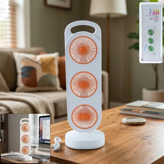 Wukusy portable 3-in-1 triple head table fan showing adjustable fan blades and compact design for desk use