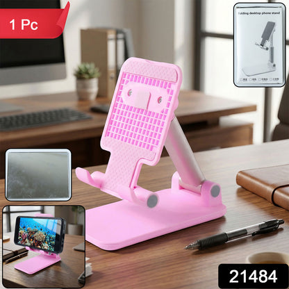 Wukusy adjustable folding desktop mobile phone stand holder displaying a smartphone in landscape orientation on a wooden surface.