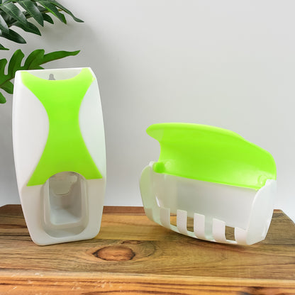 Wukusy 200 Toothpaste Dispenser with toothbrush holder and toothbrush, mounted on bathroom wall, white plastic design