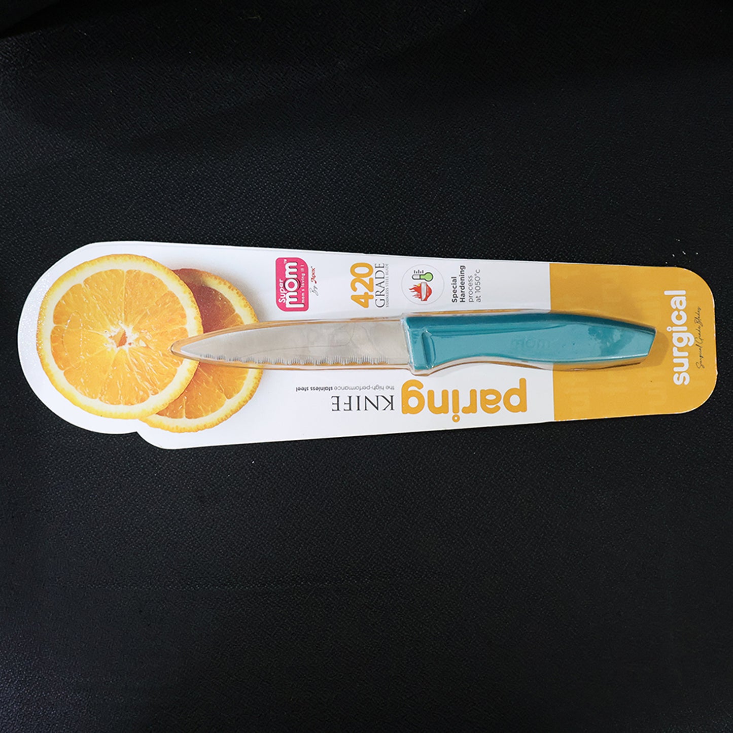 Wukusy Supermom premium stainless steel paring knife with a black handle, ideal for precise kitchen peeling and slicing tasks.